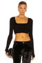 Women's Black Square Neck Long Sleeve Finger-Looped Bodycon Ribbed Camisole Crop Top
