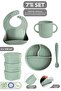 7-Piece Silicone Feeding Set - Baby Bib Vacuum Plate Cup Teether Spoon Snack Bowl Green