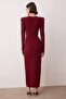 Bordo Kruvaze Yaka Cut Out/Pencere Detaylı Örme Şık Abiye Gece Mezuniyet Elbisesi TPRAW23EL00272 - 5