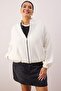 Ekru Bomber Yaka Oversize/Geniş Kalıp Önü Fermuarlı Büyük Beden Sweatshirt TBBAW26AO00038