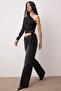 Siyah Fitted/Vücuda Oturan Bağlama Detaylı Tek Kol Crop Esnek Örme Bluz TWOAW23BZ00094 - 2