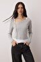 Gray Melange Double Look Asymmetric Neckline Buttoned Bodycon Stretchy Knitted Blouse Twoaw26Bz00042 - 2