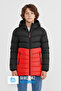 Boy's Windproof Thick Fiber Filled Winter Black-Red Hooded Coat