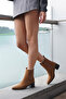Women's Pointed Toe Thick Heeled Double Elastic Heeled Boots Ropes Tan Suede - 2