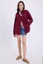 Women's Oversize Wide Cut 100% Cotton Muslin Fabric Long Sleeve Pocketed Textured Burgundy Shirt - 5