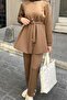 Gold Button Detailed Scuba Fabric Hijab Set Brown - 3