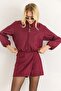 Women's Bomber Jacket with Pockets and Zipper, Burgundy - 3