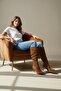 Women's Boots Tan Bellows Suede Pointed Toe Thin Heels - 6