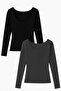 2 Pieces Long Sleeve Boat Neck Ribbed Blouse