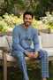 Men's Long Sleeve Blue Color Pajama Set with Writing on the Front - 2