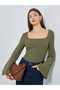 Olive Square Neck Ribbed Knit Top