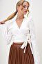 Ecru Double-Breasted Collar, Waist Tie Detail, Self-Patterned Woven Blouse Alc-X13166 - 3
