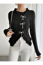 Flounced Detail Rhinestone Bow Detail Slit Hem Top - 2