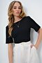 Black Boat Neck Backless Short Sleeve Seersucker Fabric Summer Blouse Alc-X13579 - 5