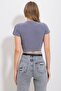 Gray Crew Neck Front Stitched Crop Sandy Blouse Alc-X11782 - 4