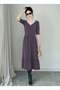 Women's Short Sleeve Knitwear V-Neck Wool Viscose Midi Length Dress