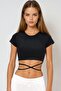 Black Crew Neck Lace-Up Crop Fit T-Shirt Alc-X6042