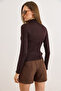 Women's Brown Turtleneck Transparent Stretchy Blouse Blz-19003169 - 2