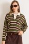 Women's Khaki Brown Polo Neck Striped Knit Sweater Kzk-19001030