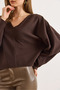 Women's Brown V-Neck Stitching Detail Flowy Thessaloniki Blouse Blz-19003166 - 4