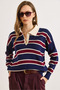 Women's Navy Blue Burgundy Polo Neck Striped Knit Sweater Kzk-19001030 - 3