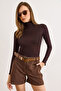 Women's Brown Turtleneck Transparent Stretchy Blouse Blz-19003169 - 5