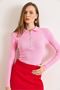 Women's Candy Pink Polo Neck Zipper Long Sleeve Stretchy Blouse Blz-19003103 - 3