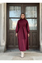 women Belt Detail High Neck Long Winter Dress – Burgundy - 4