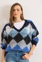 Women's Blue V-Neck Baklava Detailed Oversized Knitwear Sweater Kzk-19001050 - 3