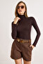 Women's Brown Turtleneck Transparent Stretchy Blouse Blz-19003169 - 4