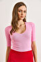 Women's Candy Pink Deep V Neck Double Sleeve Stretchy Cotton Blouse Blz-19002951 - 4