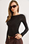 Women's Black Boat Neck Thin Transparent Blouse Blz-19003168 - 4