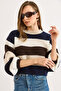 Women's Navy Blue Striped Soft Textured Crop Knit Sweater Kzk-19001055
