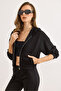 Women's Black Modal Buttoned Hooded Zippered Flowy Sweatshirt Swt-19000774 - 6