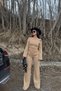 Women's Beige Long Sleeve Madonna Collar Wide Leg Top and Bottom Set