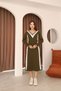 Women's Olive Green V-Neck Color Block Knitwear Dress - 2