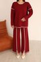 Women's Burgundy Stripe Patterned Knitwear Sweater and Slit Pants Knitwear Top and Bottom Set - 3