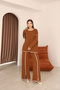 Women's Cinnamon Brown Striped Patterned Knitwear Sweater and Slit Pants Knitwear Top and Bottom Set