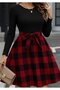 New Season Women's Long Sleeve Crew Neck Viscose Top Plaid Short Dress - 5