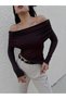 Women's Bitter Brown Madonna Collar Stretch Fabric Viscose Long Sleeve Blouse 28218