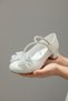 Girl's Wedding Shoes Shiny Stone Buckle Mini Heel Model Silvery Evening Dress Ballerinas