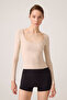 X Ece Beige Melange Long Sleeve U-Neck Sports Blouse Scoop Neck Top - 7