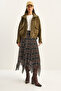 Women's Khaki Plaid Patterned Wrinkled Effect Lined Midi Chiffon Skirt De251105 60283760