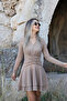 Camel v-neck long sleeve flared dress - 2