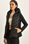 Women's Black Hooded Zippered Garnished Slim Fit Puffer Coat 1123 60283816