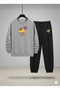 Children's Crew Neck Sweatshirt and Tracksuit Set Painter Chicken Ba Printed Threaded Ribbed