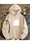 Cute Panda Print Detailed Hooded Sweatshirtk Beige