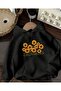 Sunflower Print Detailed Hooded Sweatshirt Black