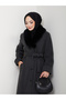 Women's New Season K Double-Breasted Full-Length Coat with Collar Buttons, Fur Collar and Belt - 6