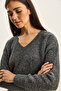 Women's Anthracite Self-Textured V-Neck Sweater 8078 60283688 - 6